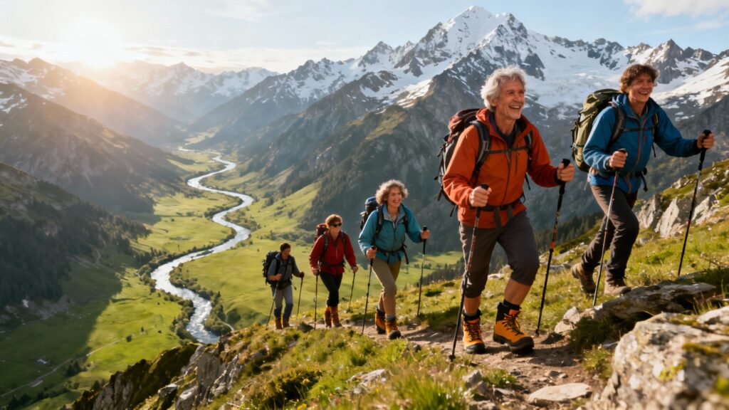 adventure tourists trekking through the mountains