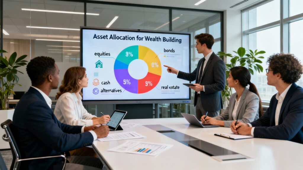 a group of people learning about wealth invest strategies and asset allocation
