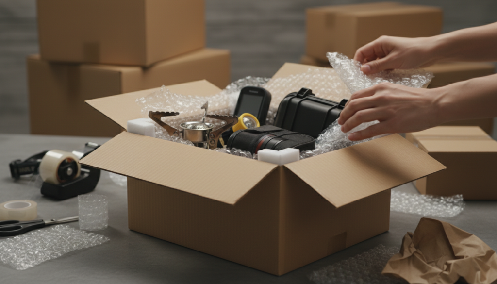 Bubble wrap and sturdy boxes used to pack fragile outdoor equipment